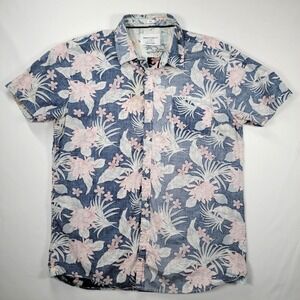 Paper Denim & Cloth Shirt Mens Medium Blue Pink Floral Stretch Short Sleeve